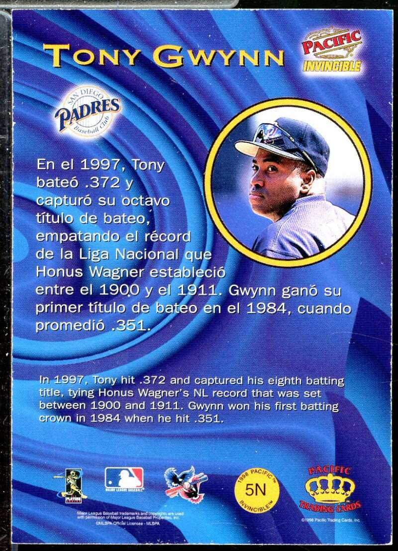 Tony Gwynn Card 1998 Pacific Invincible Interleague Players #5N  Image 2
