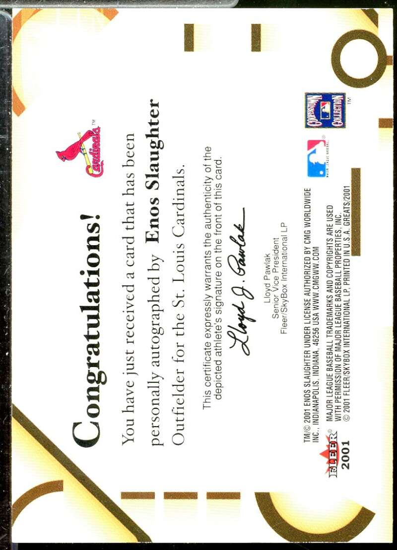 Enos Slaughter Card 2001 Greats of the Game Autographs #80  Image 2