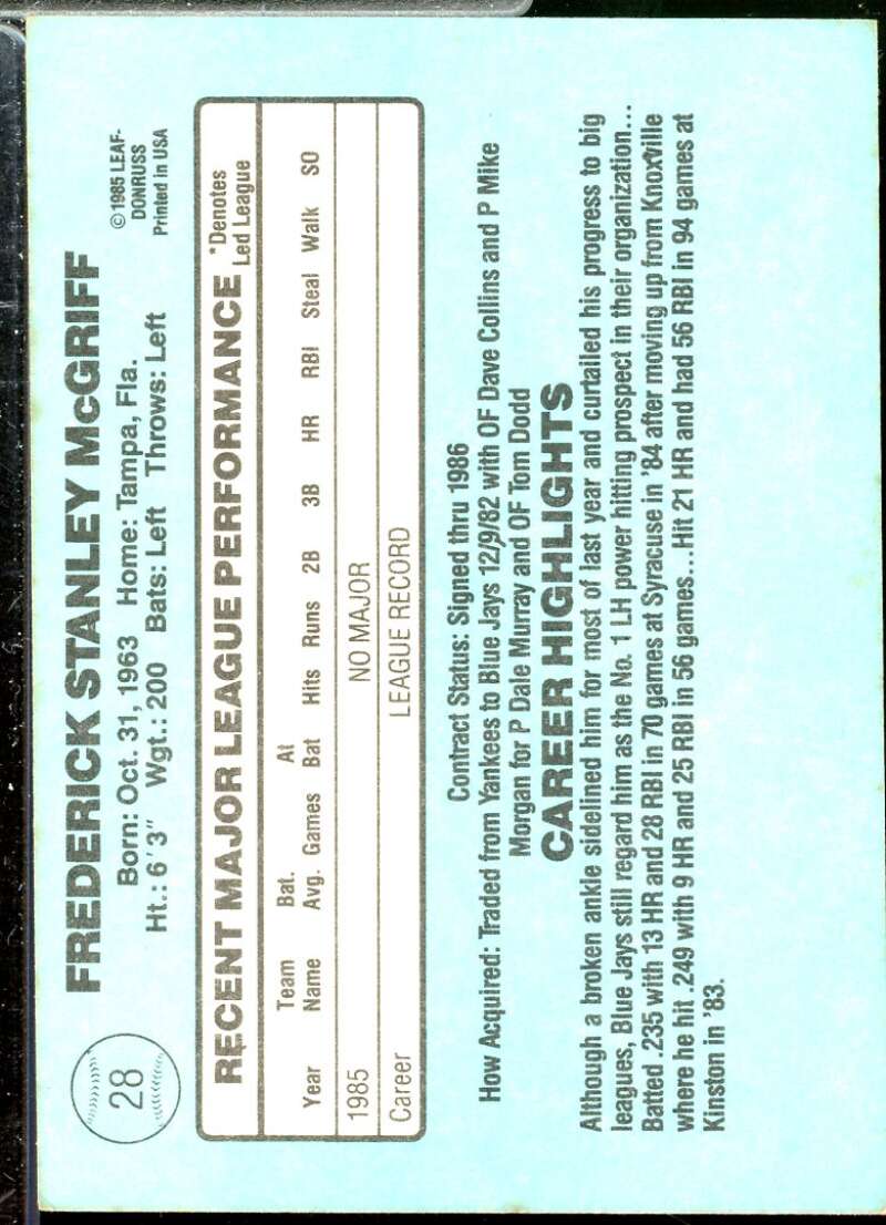 Fred McGriff Rookie Card 1986 Donruss #28  Image 2