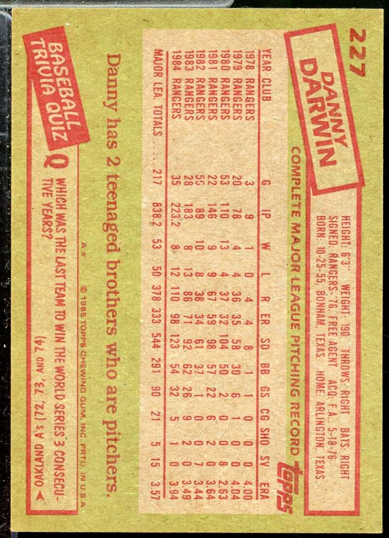 Danny Darwin In Person Autograph Card 1985 Topps #227  Image 2
