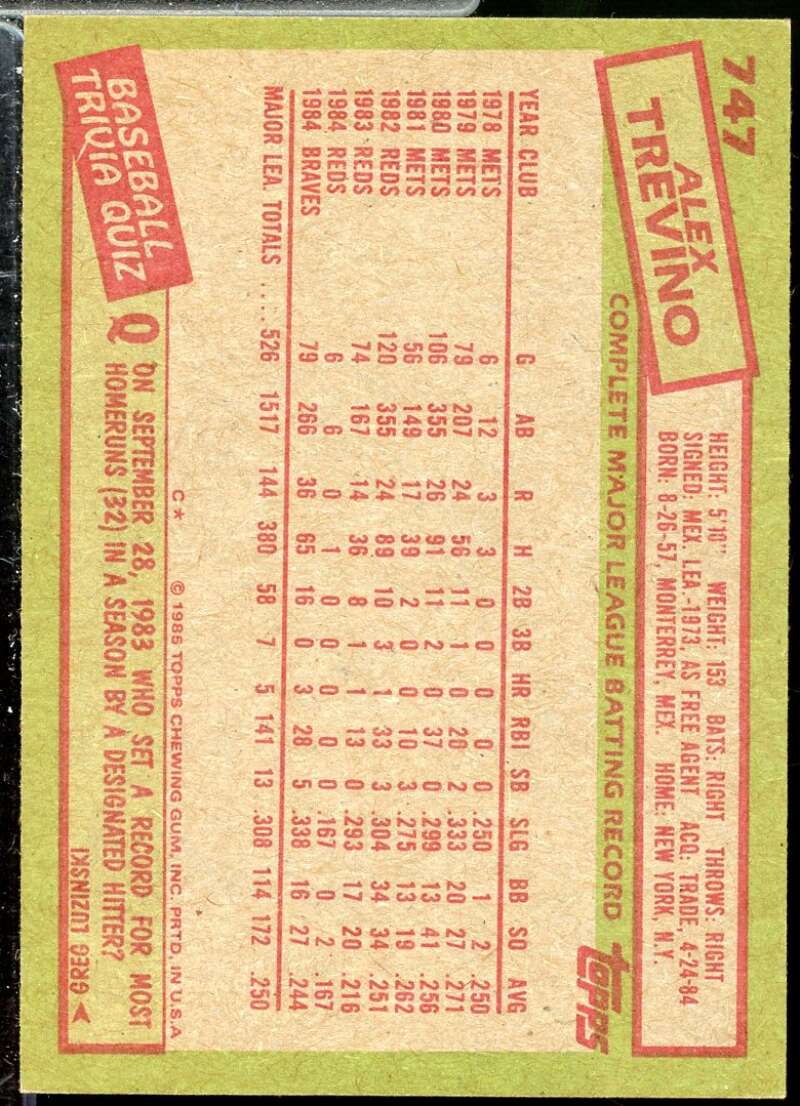 Alex Trevino In Person Autograph Card 1985 Topps #747  Image 2