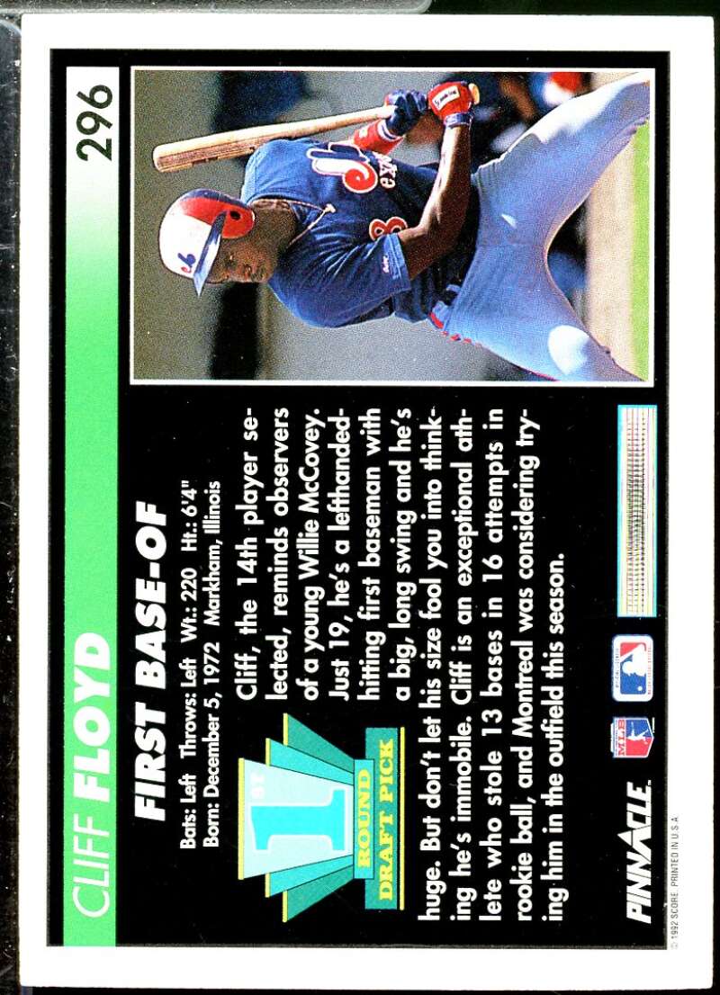 Cliff Floyd Rookie Person Autograph Card 1992 Pinnacle #296  Image 2