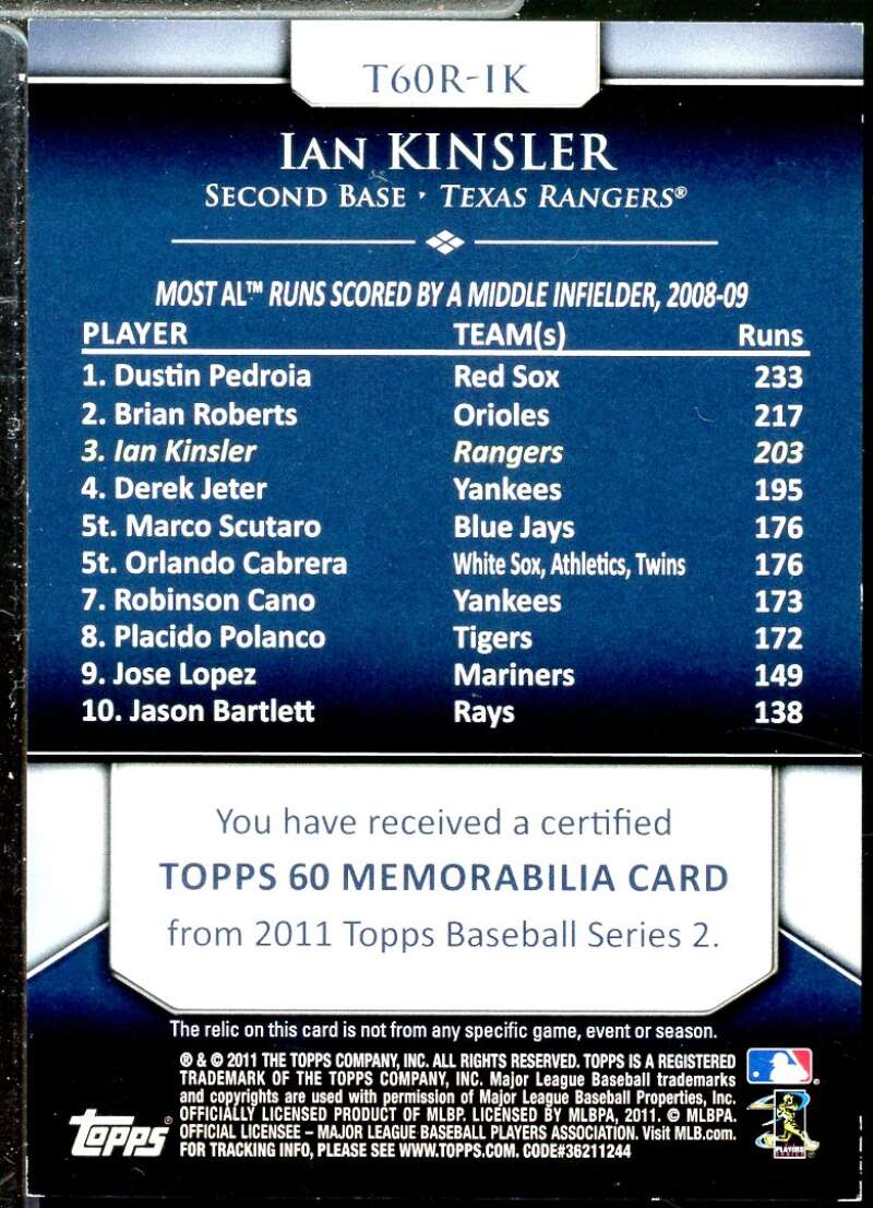 Ian Kinsler S2 Card 2011 Topps 60 Relics #IK  Image 2