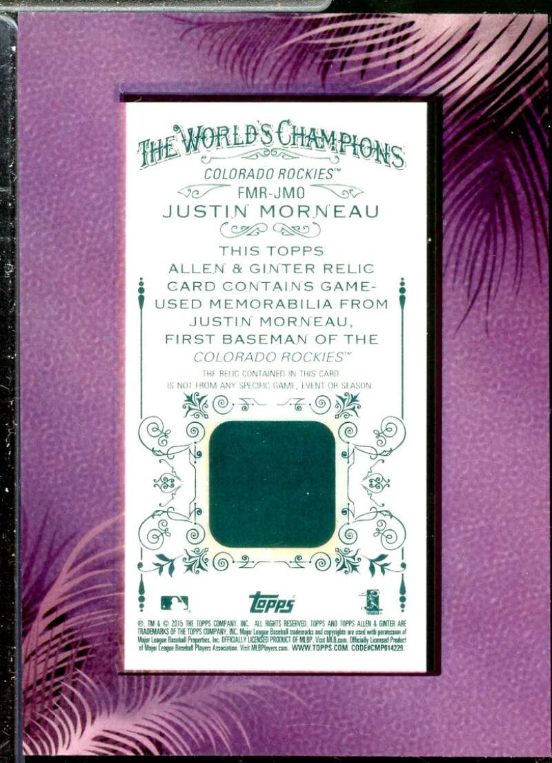 Justin Morneau Card 2015 Topps Allen and Ginter Framed Mini Relics #FMRJMO  Image 2