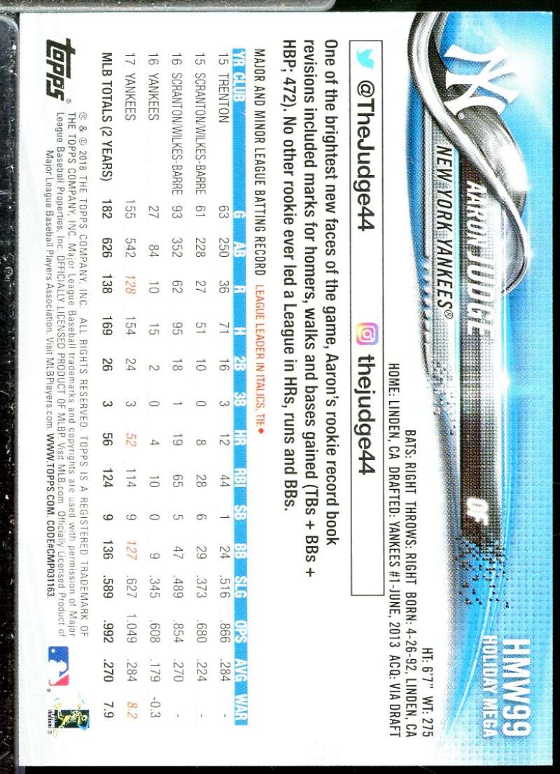 Aaron Judge Card 2018 Topps Walmart Holiday Snowflake #HMW99  Image 2