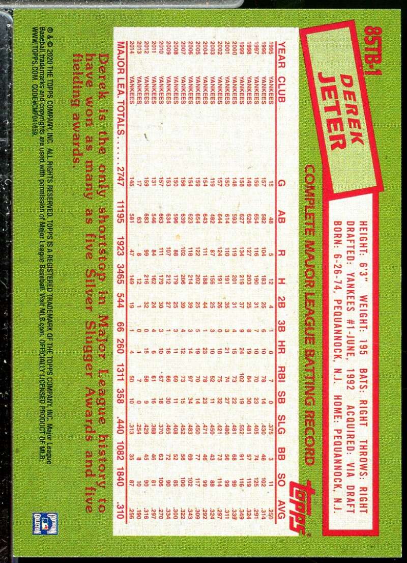 Derek Jeter Card 2020 Topps Update '85 Topps #85TB1  Image 2