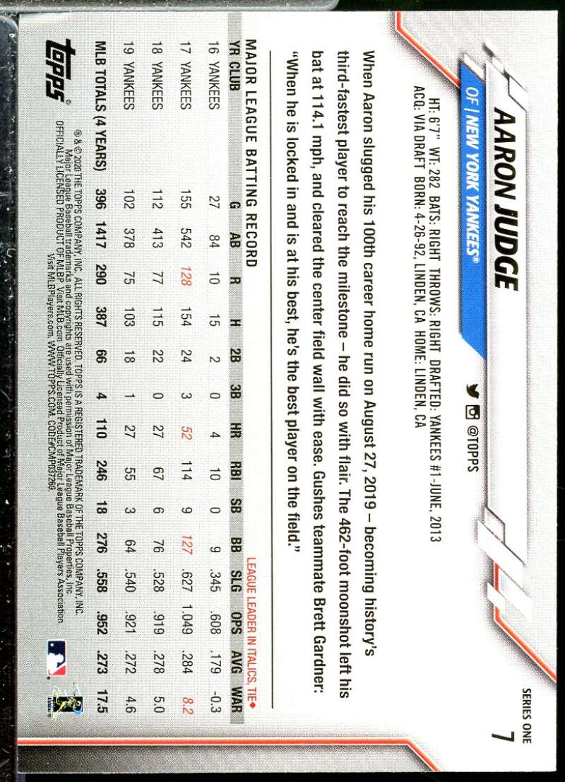 Aaron Judge Card 2020 Topps #7  Image 2