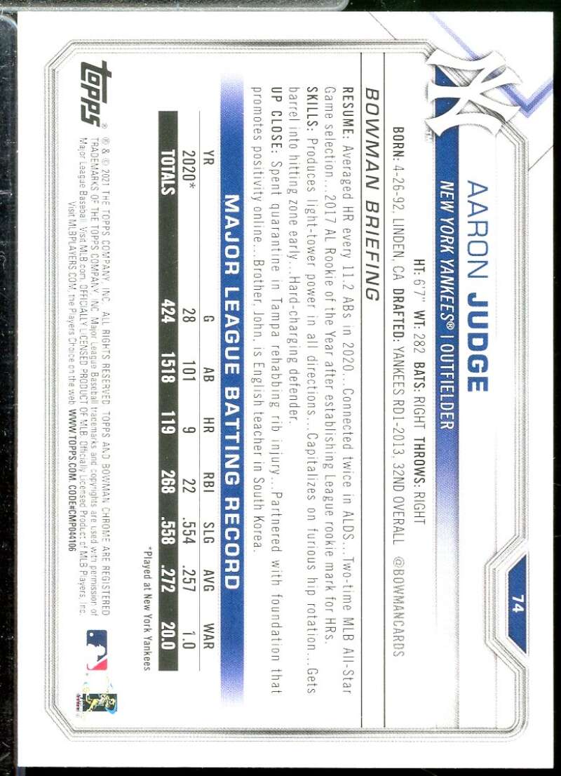 Aaron Judge Card 2021 Bowman #74  Image 2