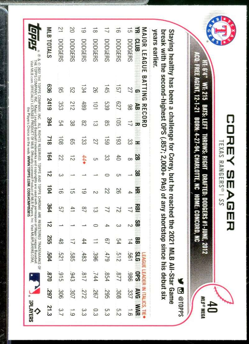 Corey Seager Card 2022 Topps Chrome Logofractor #40  Image 2