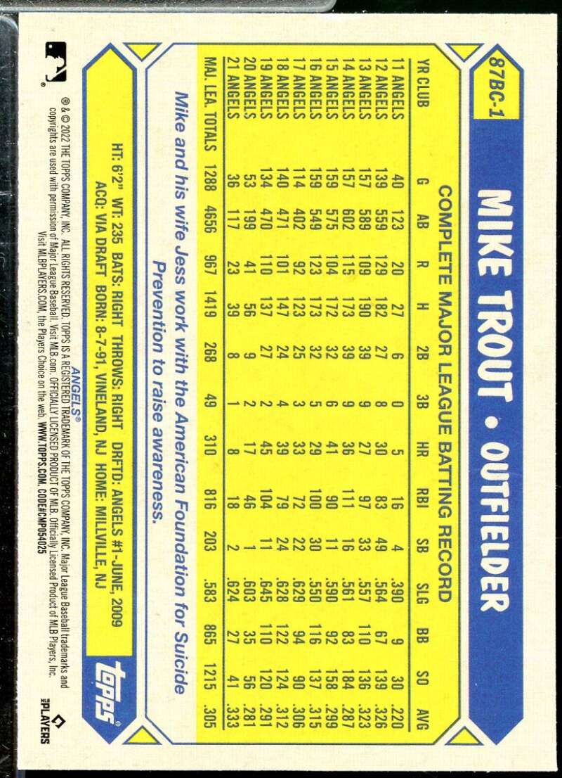 Mike Trout Card 2022 Topps Chrome '87 Topps #87BC1  Image 2