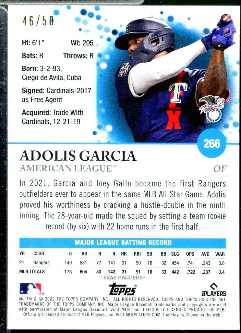 Adolis Garcia Card 2022 Topps Pristine Gold Refractors #266  Image 2