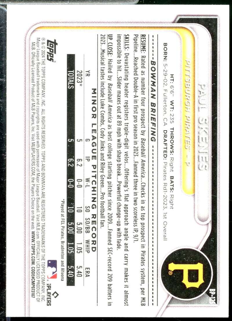 Paul Skenes Rookie Card 2024 Bowman Prospects #BP125  Image 2
