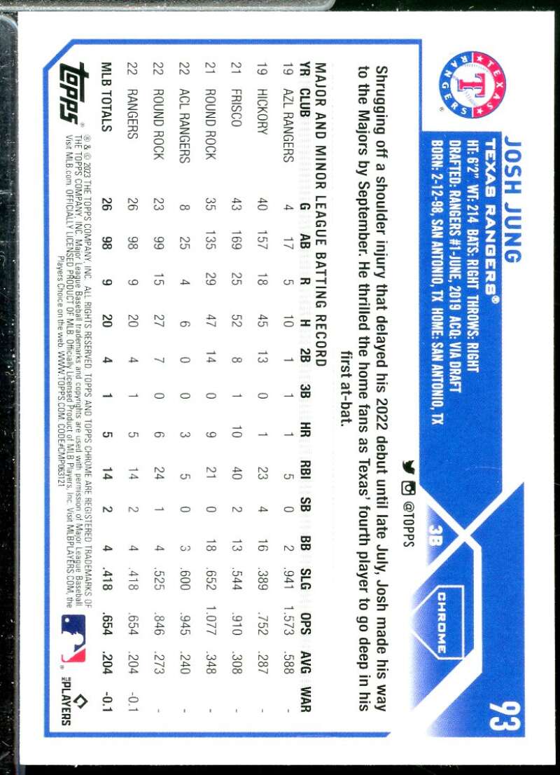 Josh Jung Rookie Card 2023 Topps Chrome #93  Image 2