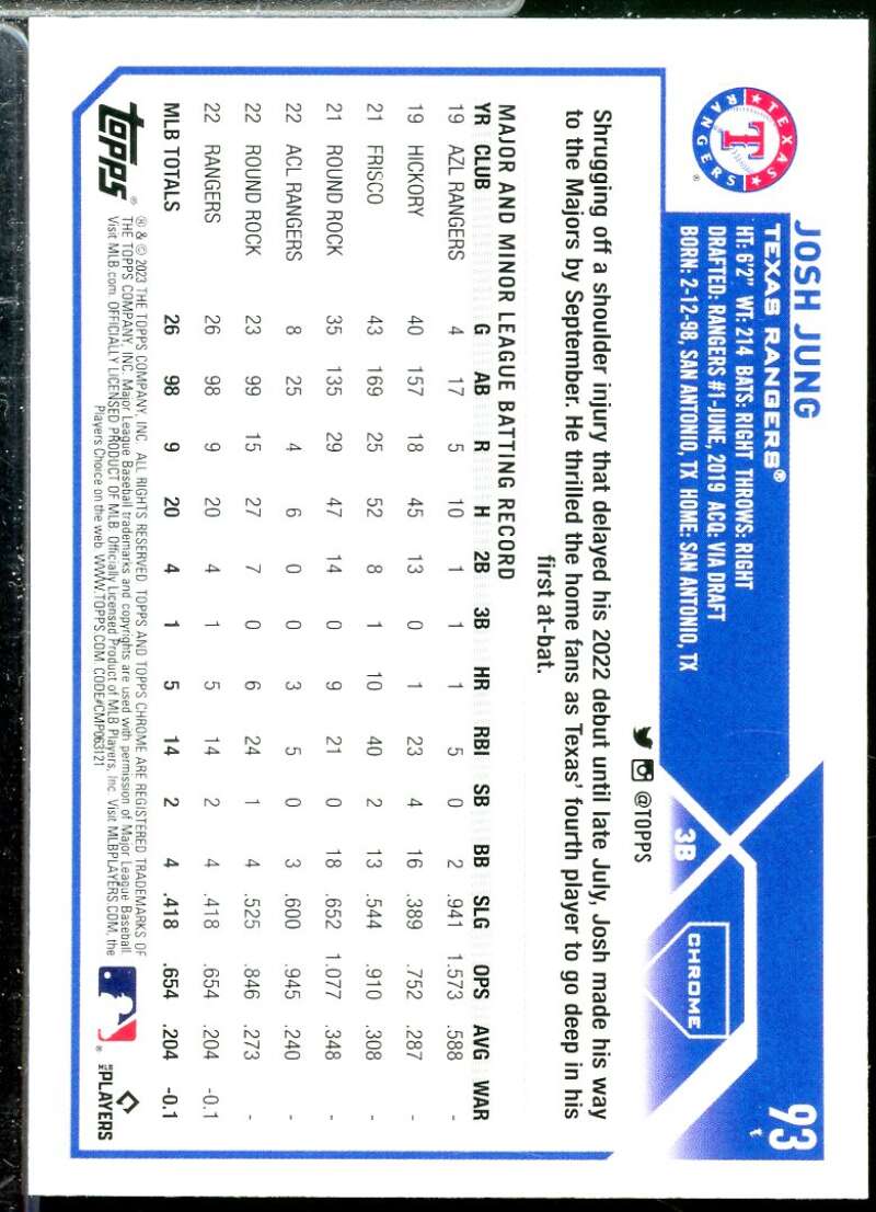 Josh Jung Rookie Card 2023 Topps Chrome #93  Image 2