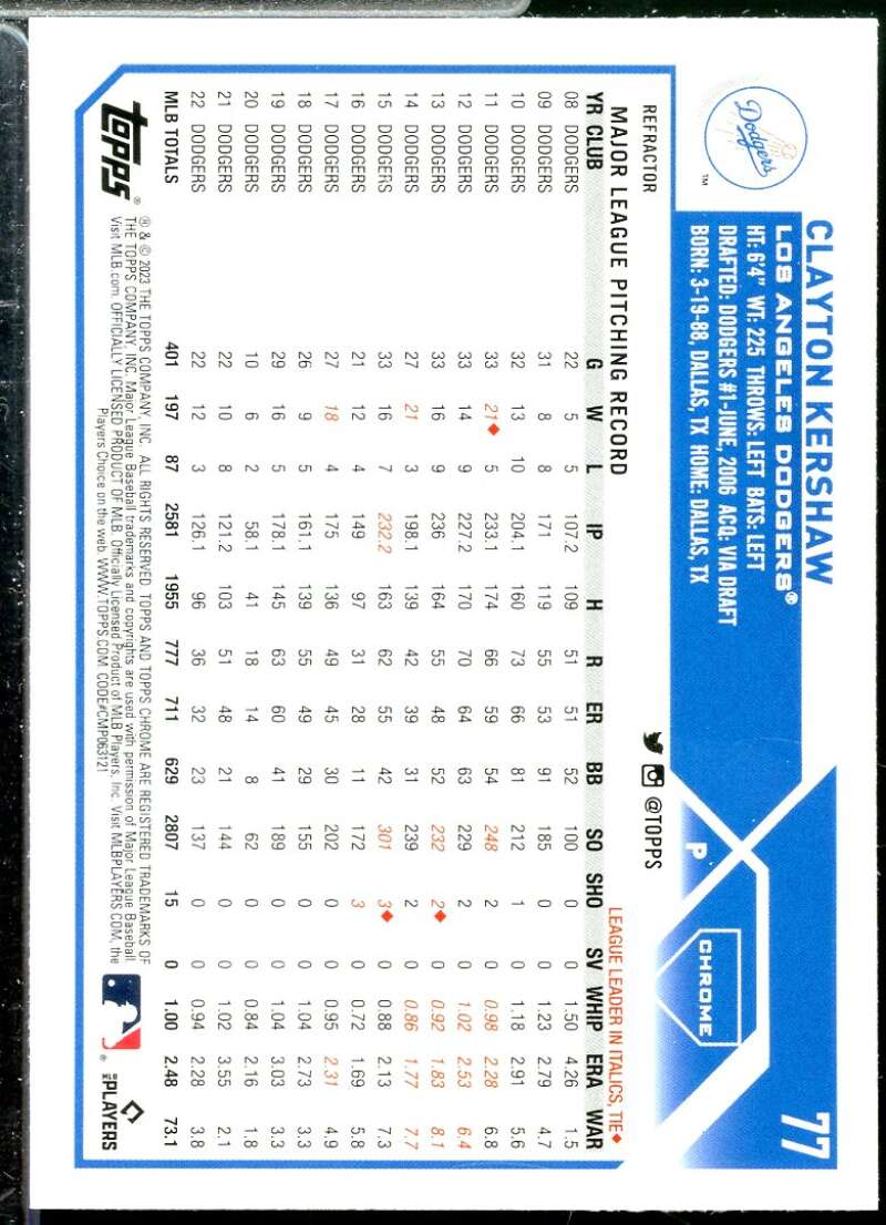 Clayton Kershaw Card 2023 Topps Chrome Refractors #77  Image 2