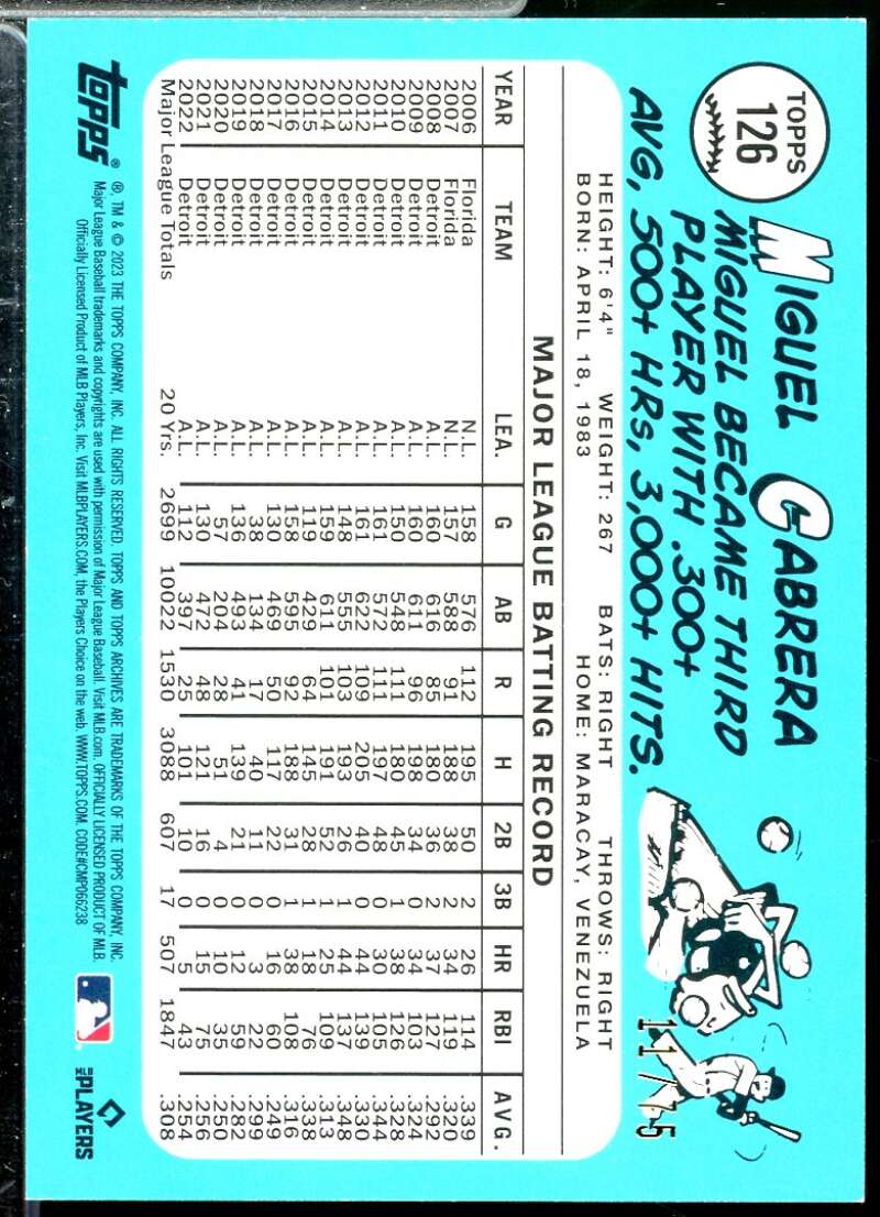 Miguel Cabrera Card 2023 Topps Archives Aqua Sparkle #126  Image 2