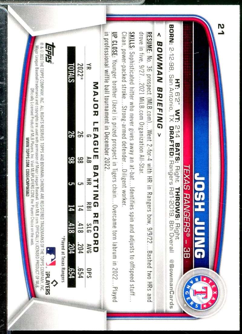 Josh Jung Rookie Card 2023 Bowman Chrome #21  Image 2
