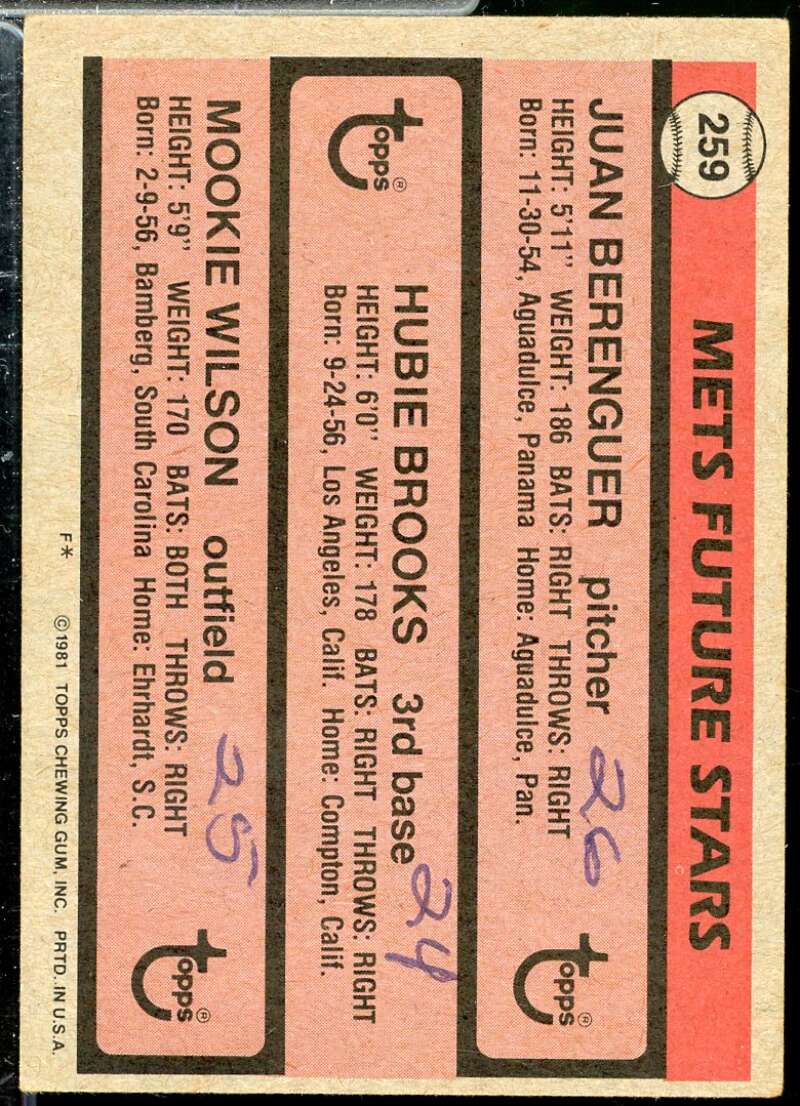 Juan Berenguer/Hubie Brooks RC/Mookie Wilson Rookie Card 1981 Topps #259  Image 2