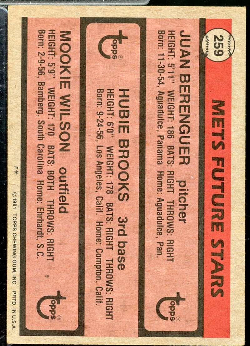 Juan Berenguer/Hubie Brooks RC/Mookie Wilson Rookie Card 1981 Topps #259  Image 2