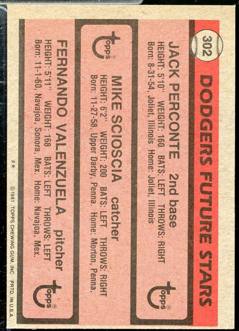 Jack Perconte RC/Mike Scioscia RC/Fernando Valenzuela Rookie 1981 Topps #302  Image 2
