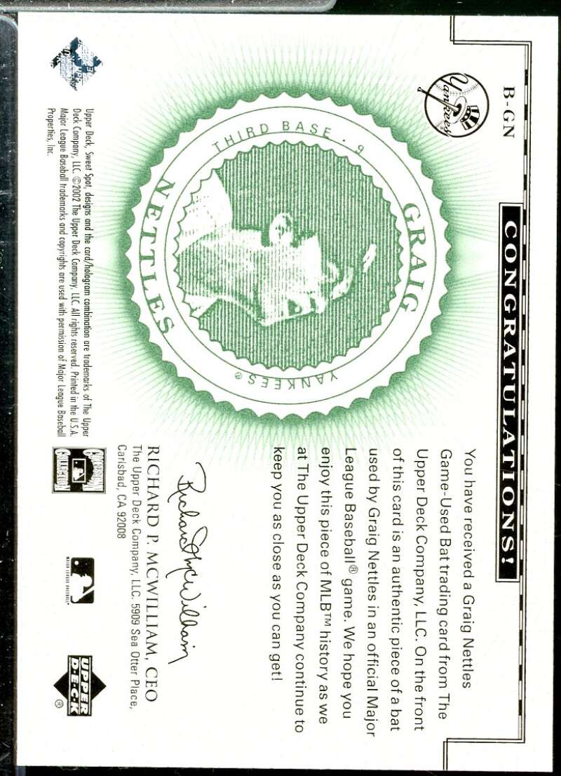 Graig Nettles Card 2002 Sweet Spot Classics Game Bat #BGN  Image 2