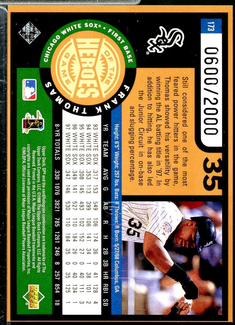 Frank Thomas HG Card 1998 SPx Finite #173  Image 2