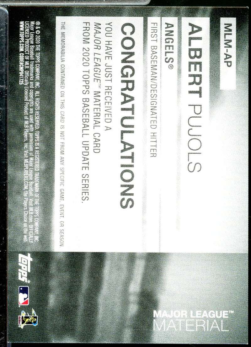 Albert Pujols Card 2020 Topps Update Major League Materials #MLMAP  Image 2
