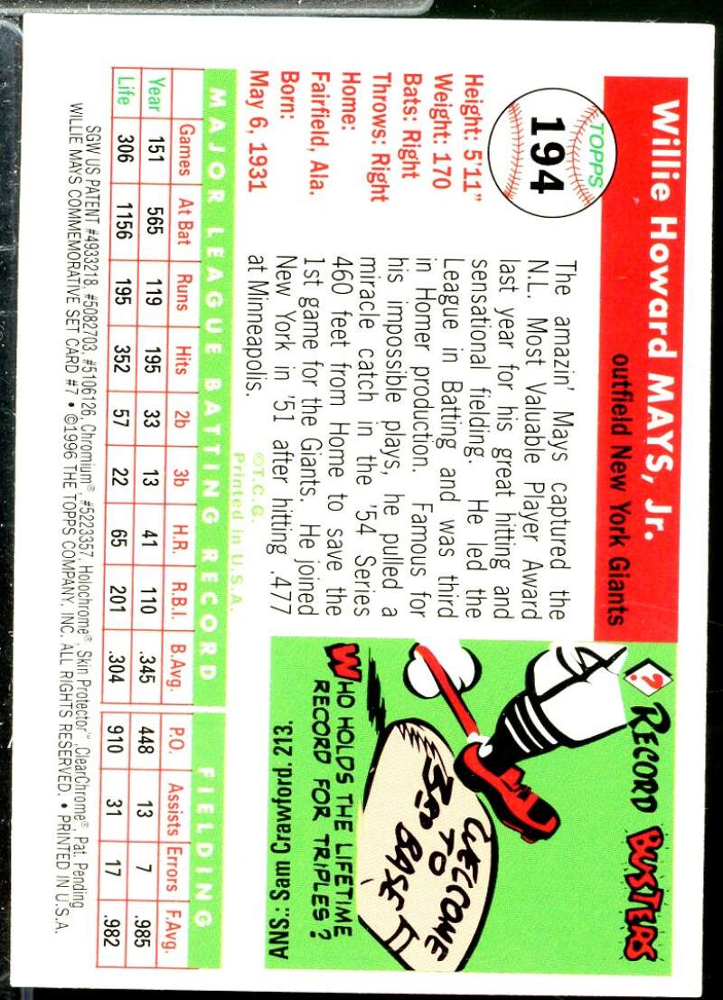 Willie Mays Card 1997 Topps Mays Finest #7  Image 2