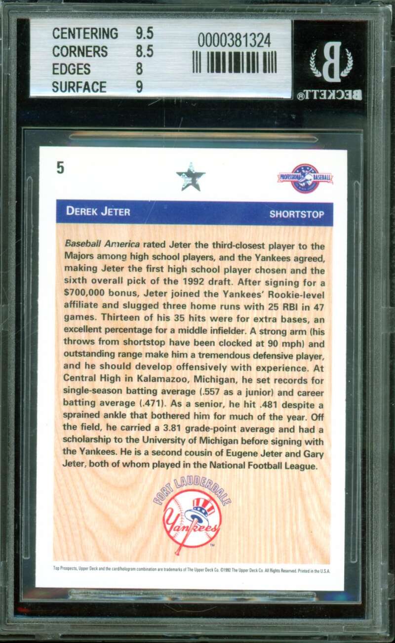 Derek Jeter Rookie Card 1992 Upper Deck Minors #5 BGS 8.5 Image 2