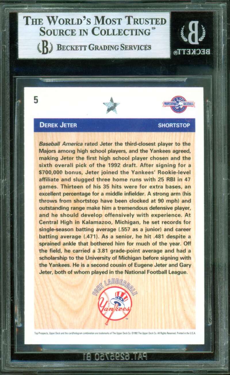 Derek Jeter Rookie Card 1992 Upper Deck Minors #5 BGS 8.5 (holder scratches) Image 2