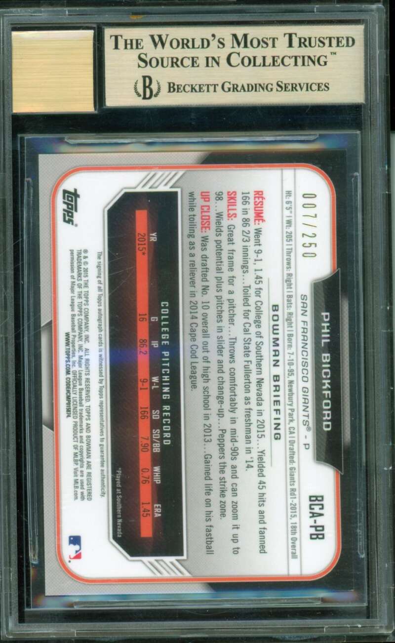 Phil Bickford Rookie 2015 Bowman Chrome Draft Purple Refractor #BCAPB BGS 9.5 Image 2