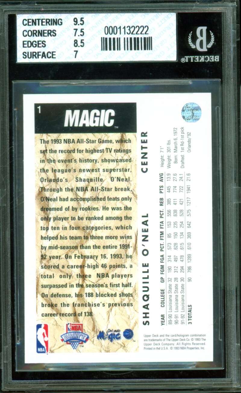 Shaquille O'Neal Rookie Card 1992-93 Upper Deck #1 BGS 7.5 Image 2