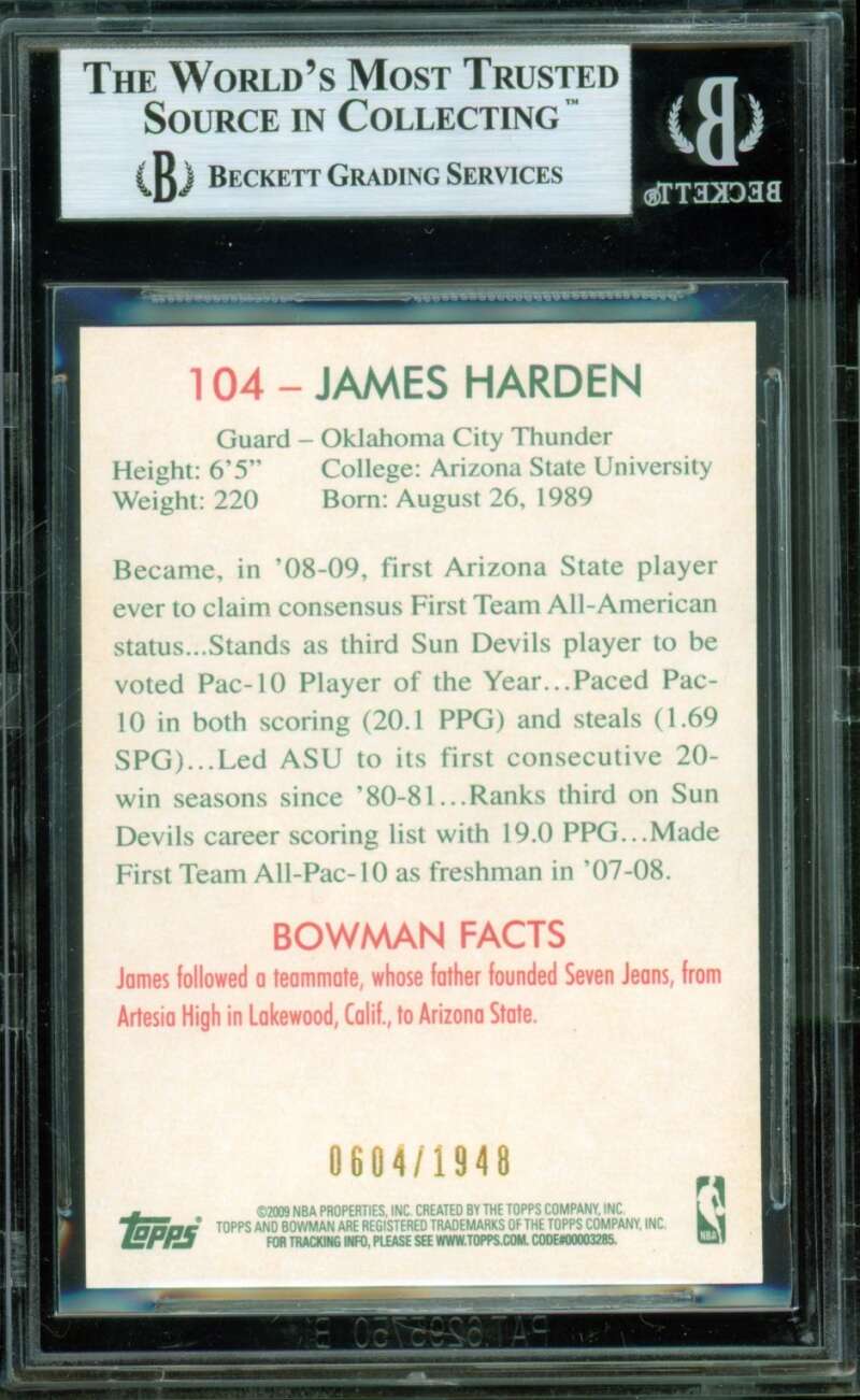 James Harden Rookie Card 2009-10 Bowman 48 Blue #104 BGS 8.5 Image 2
