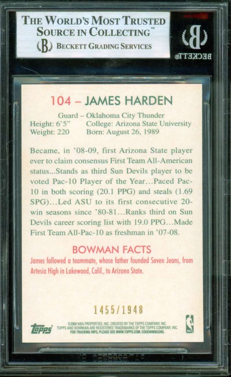 James Harden Rookie Card 2009-10 Bowman 48 Blue #104 BGS 8.5 Image 2