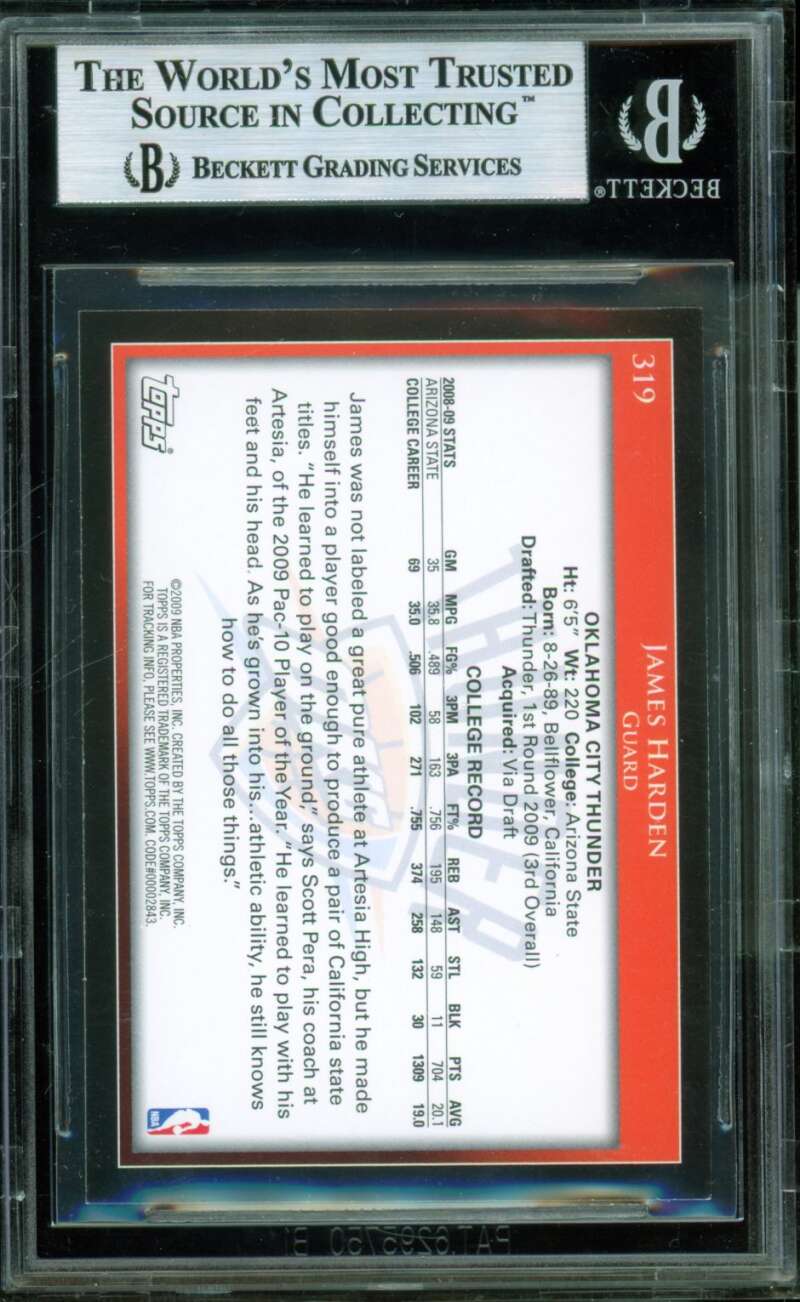 James Harden Rookie Card 2009-10 Topps #319 BGS 8.5 Image 2