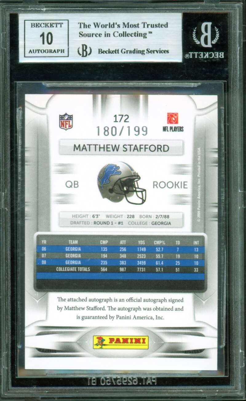 Matthew Stafford Rookie 2009 Playoff Draft Picks Prestige Autographs #172 BGS 9 Image 2