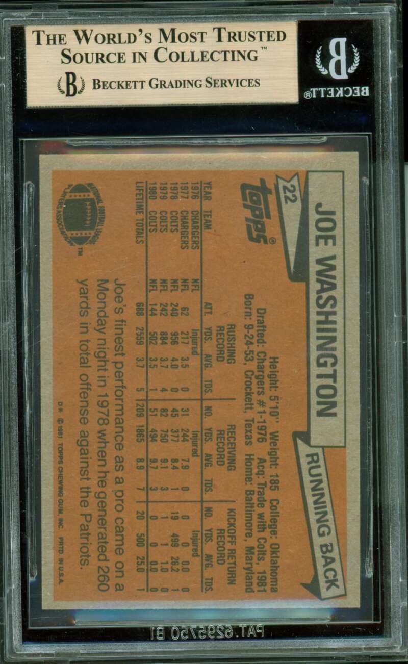Joe Washington Card 1981 Topps #22 (pop 2) BGS 9.5 Image 2