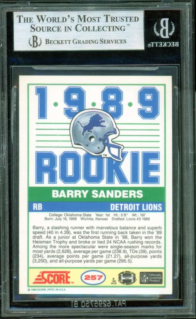 Barry Sanders Rookie Card 1989 Score #257 BGS 9 Image 2