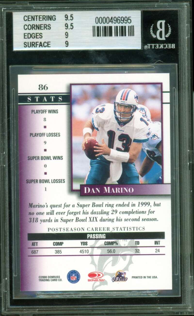 Dan Marino Card 2000 Donruss Pref Graded #86 BGS 9 Image 2