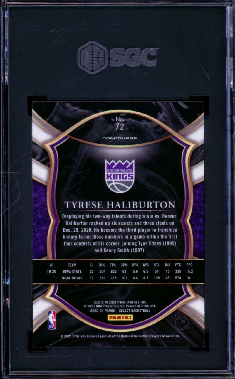 Tyrese Haliburton Rookie Card 2020-21 Panini Select #72 SGC 10 Image 2