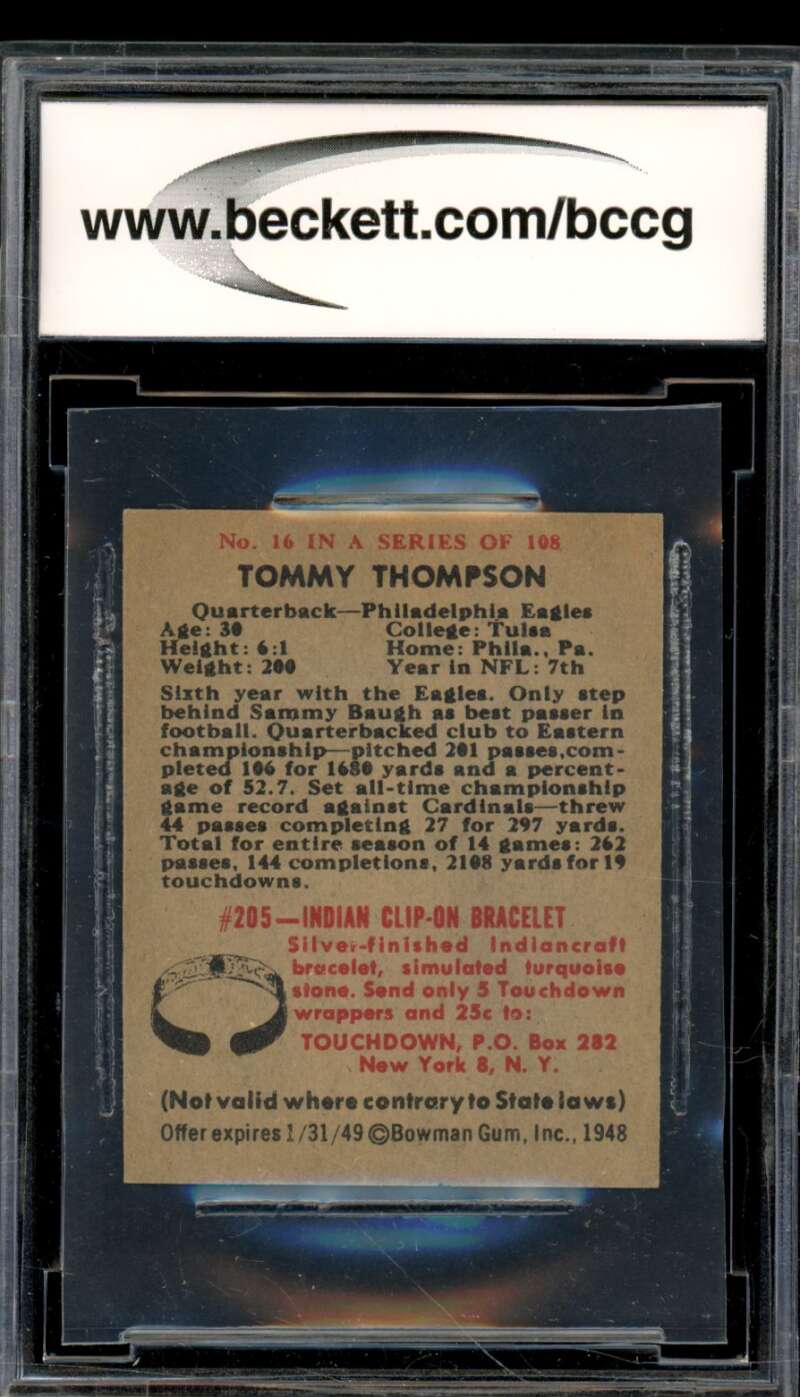 1948 Bowman #16 Tommy Thompson Rookie Card BGS BCCG 9 Near Mint+ Image 2