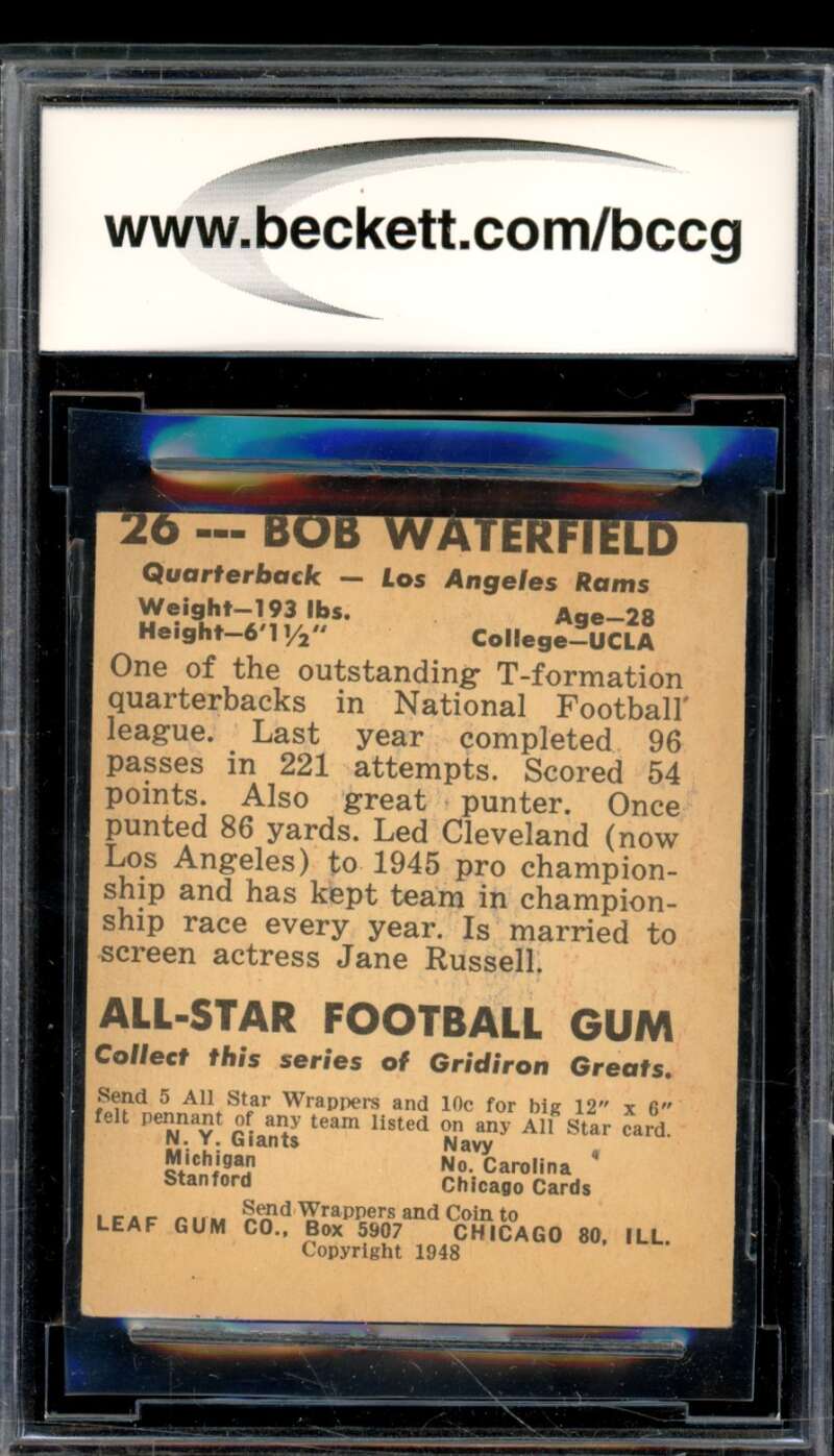1948 Leaf #26A Bob Waterfield Rookie Card BGS BCCG 7 Very Good+ Image 2