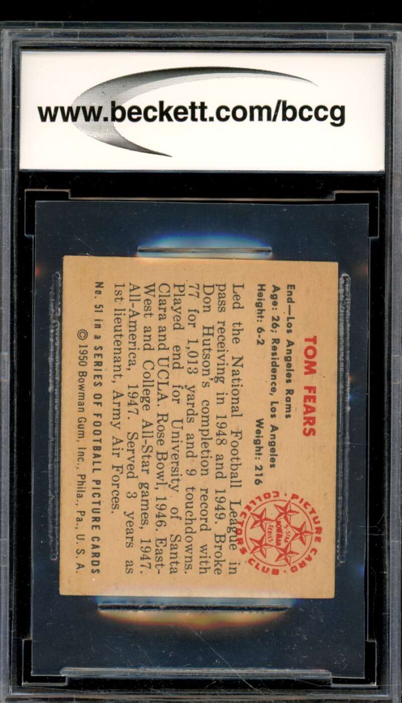 1950 Bowman #51 Tom Fears Rookie Card BGS BCCG 8 Excellent+ Image 2