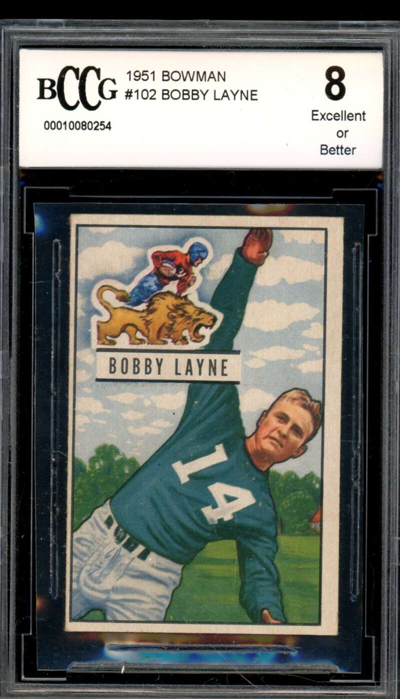 1951 Bowman #102 Bobby Layne Card BGS BCCG 8 Excellent+ Image 1
