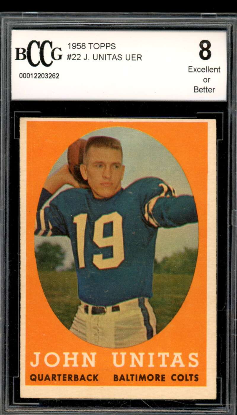 1958 Topps #22 Johnny Unitas Card BGS BCCG 8 Excellent+ Image 1
