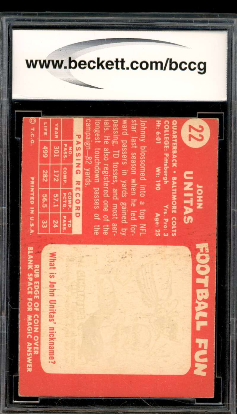 1958 Topps #22 Johnny Unitas Card BGS BCCG 8 Excellent+ Image 2