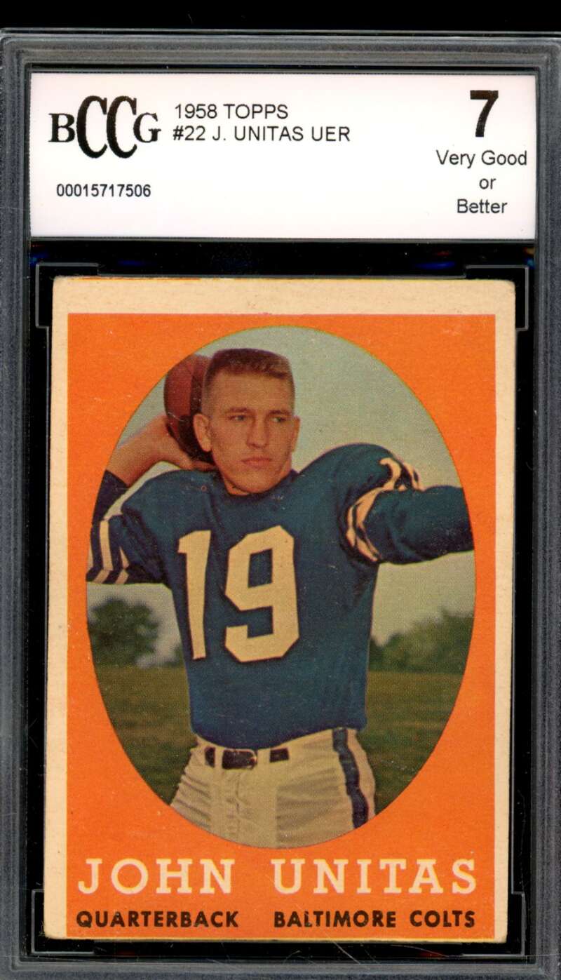 1958 Topps #22 Johnny Unitas Card BGS BCCG 7 Very Good+ Image 1