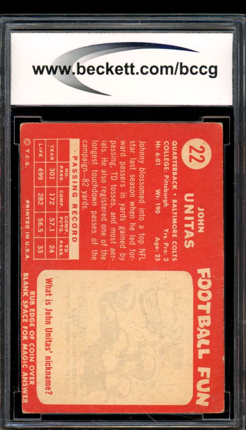 1958 Topps #22 Johnny Unitas Card BGS BCCG 7 Very Good+ Image 2