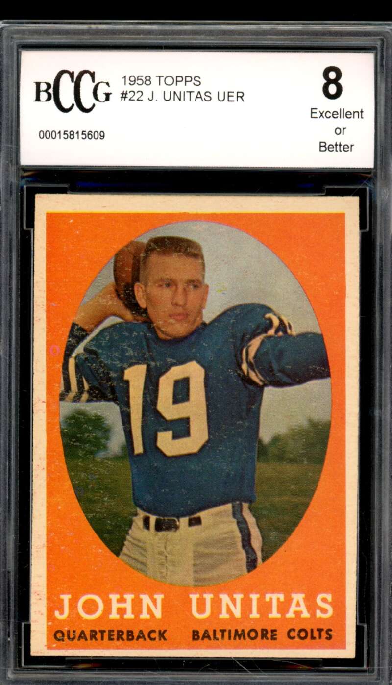 1958 Topps #22 Johnny Unitas Card BGS BCCG 8 Excellent+ Image 1