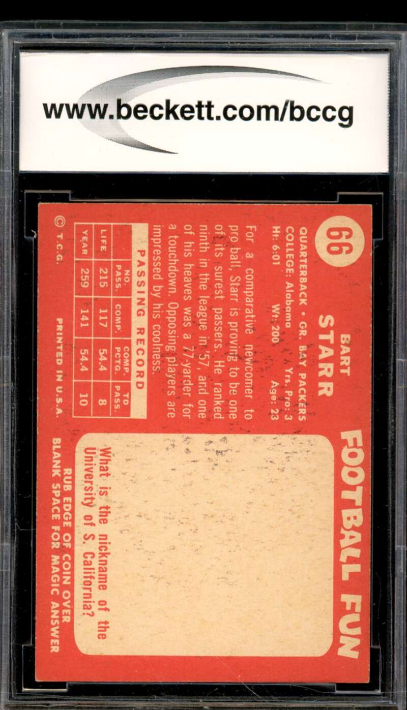 1958 Topps #66 Bart Starr Card BGS BCCG 8 Excellent+ Image 2